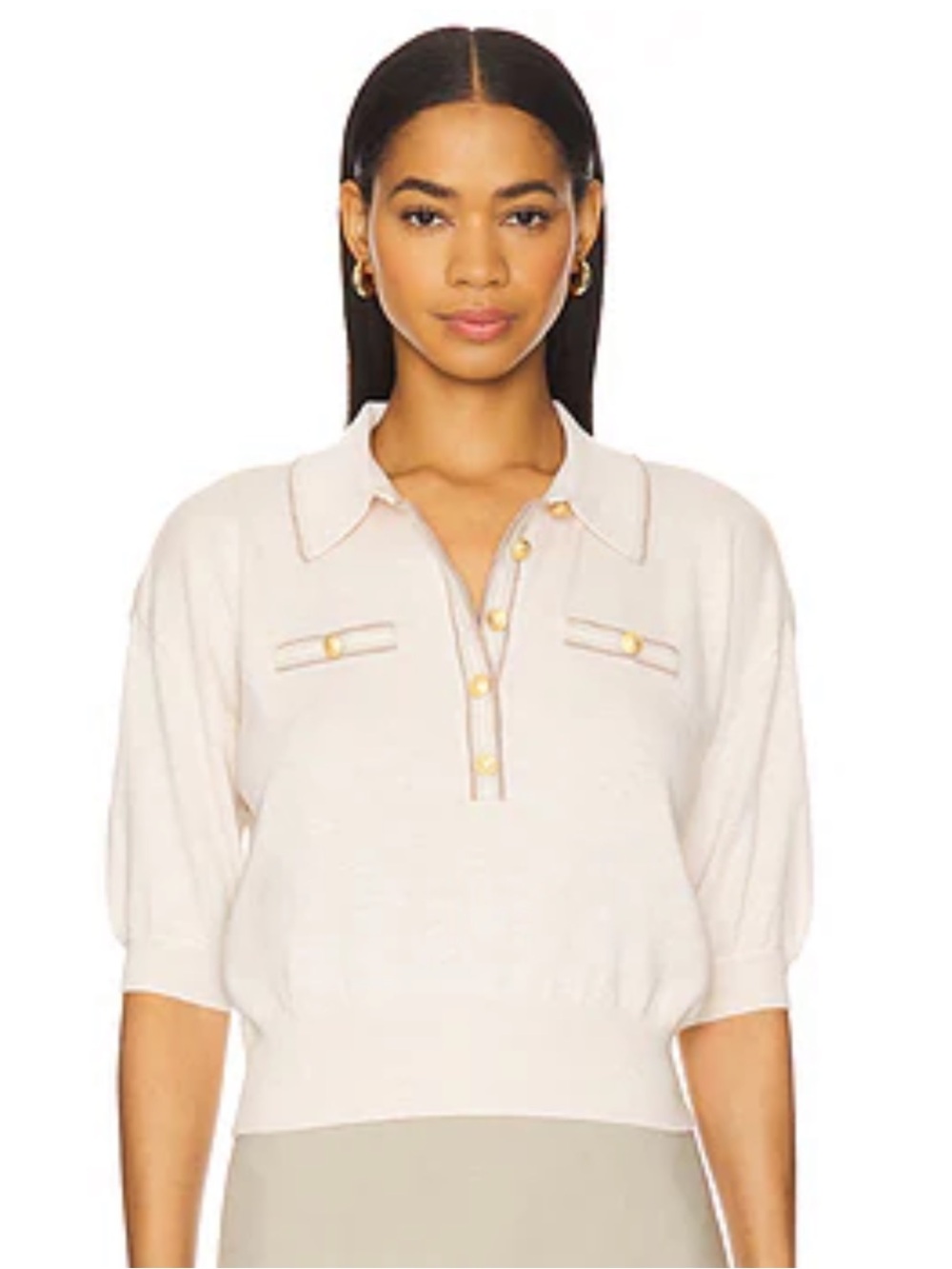 L'AGENCE Masaki Short Sleeve Collared Sweater in Parchment &Cappuccino Gold NWOT